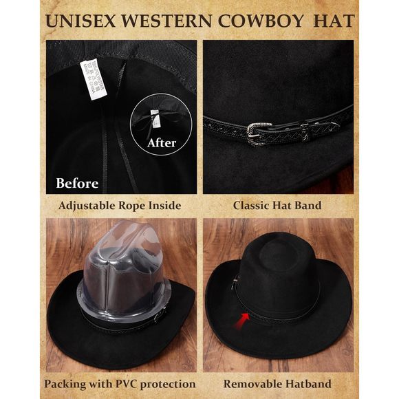 Cowboy Hat For Men Women Classic Cowgirl Hat Wide Brim Western Women Mens💛 - Picture 4 of 6